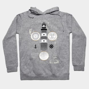 Nautical illustration of sun, moon and lighthouse in retro stamp design Hoodie